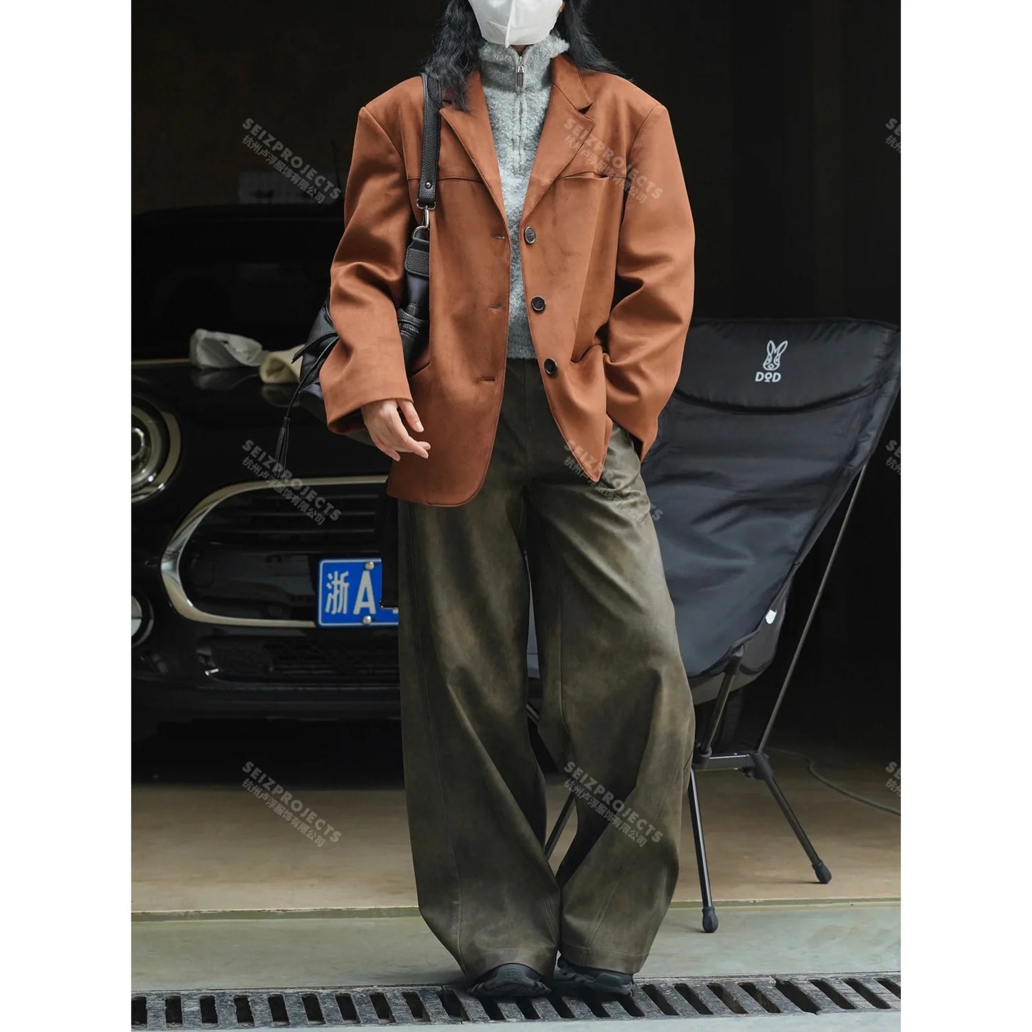 Winter Curved Pocket Oversized Blazer Suede Jacket Brown Green Loose Straight Coat For Women - MyEmpired