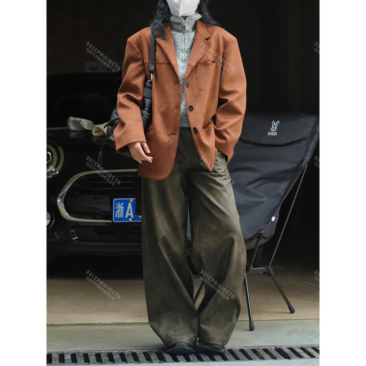 Winter Curved Pocket Oversized Blazer Suede Jacket Brown Green Loose Straight Coat For Women - MyEmpired