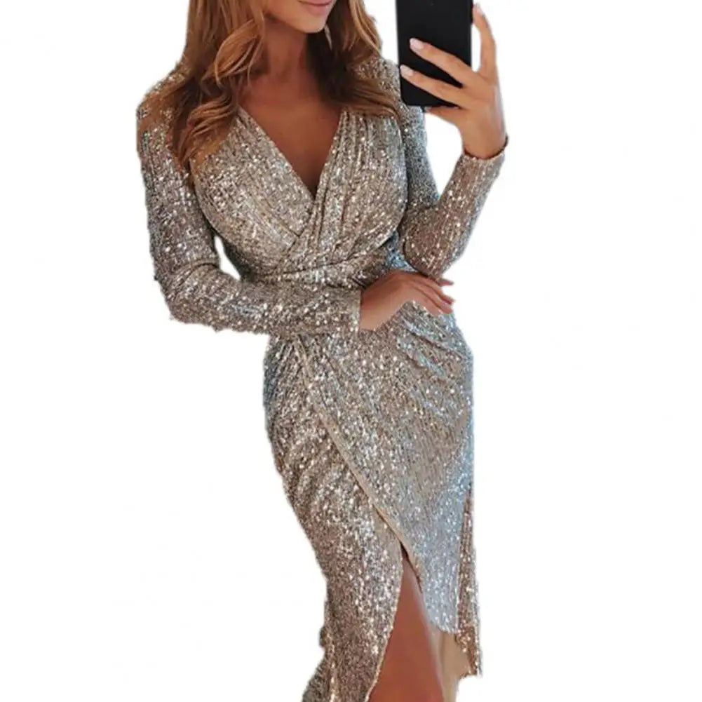 Summer Women Dress Sequined Solid Color V Neck Long Sleeve Midi Dress Elegant Slim Fit Polyester Sheath Dress For Dating