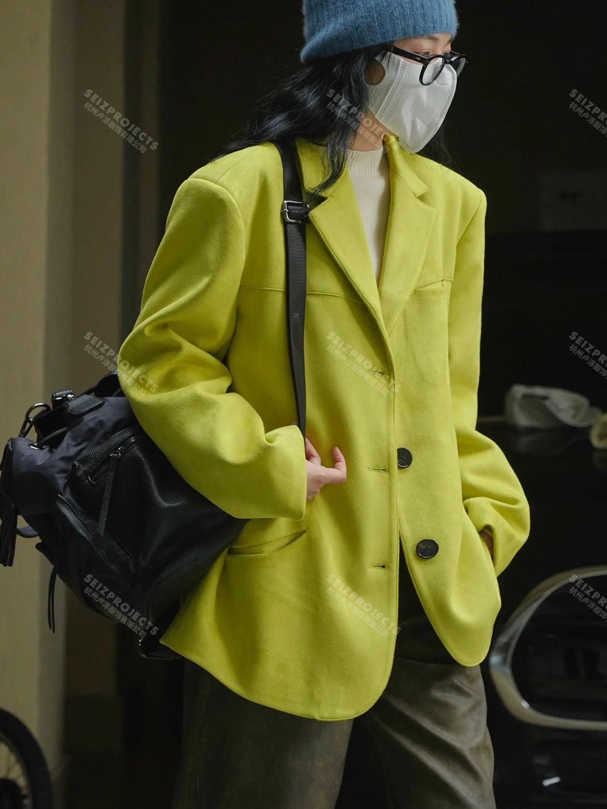 Winter Curved Pocket Oversized Blazer Suede Jacket Brown Green Loose Straight Coat For Women - MyEmpired