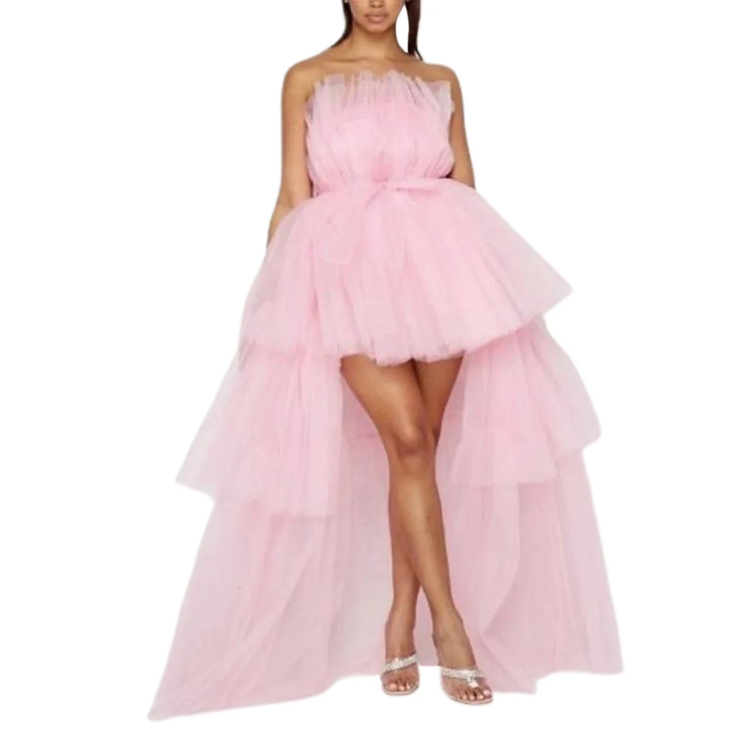 Elegant Mesh Tulle Wedding Party Dress for Women Strapless Off Shoulder High Waist Evening Gowns Formal Occasion Prom Dresses - MyEmpired