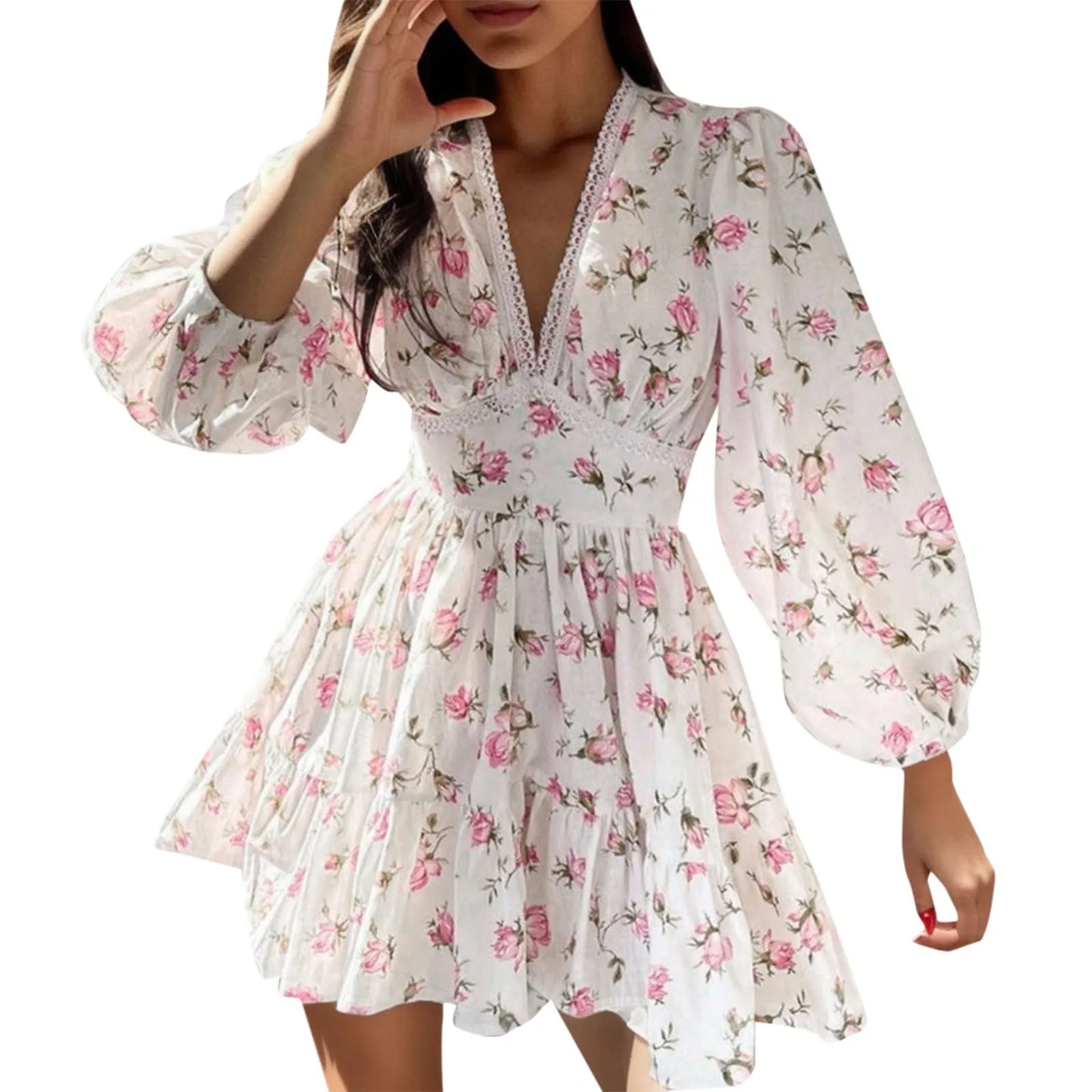 French Style Elegant Tunic Waist Floral Print Swing Dress Women's Casual Temperament Puff Sleeve Holiday A-line Dresses 2024