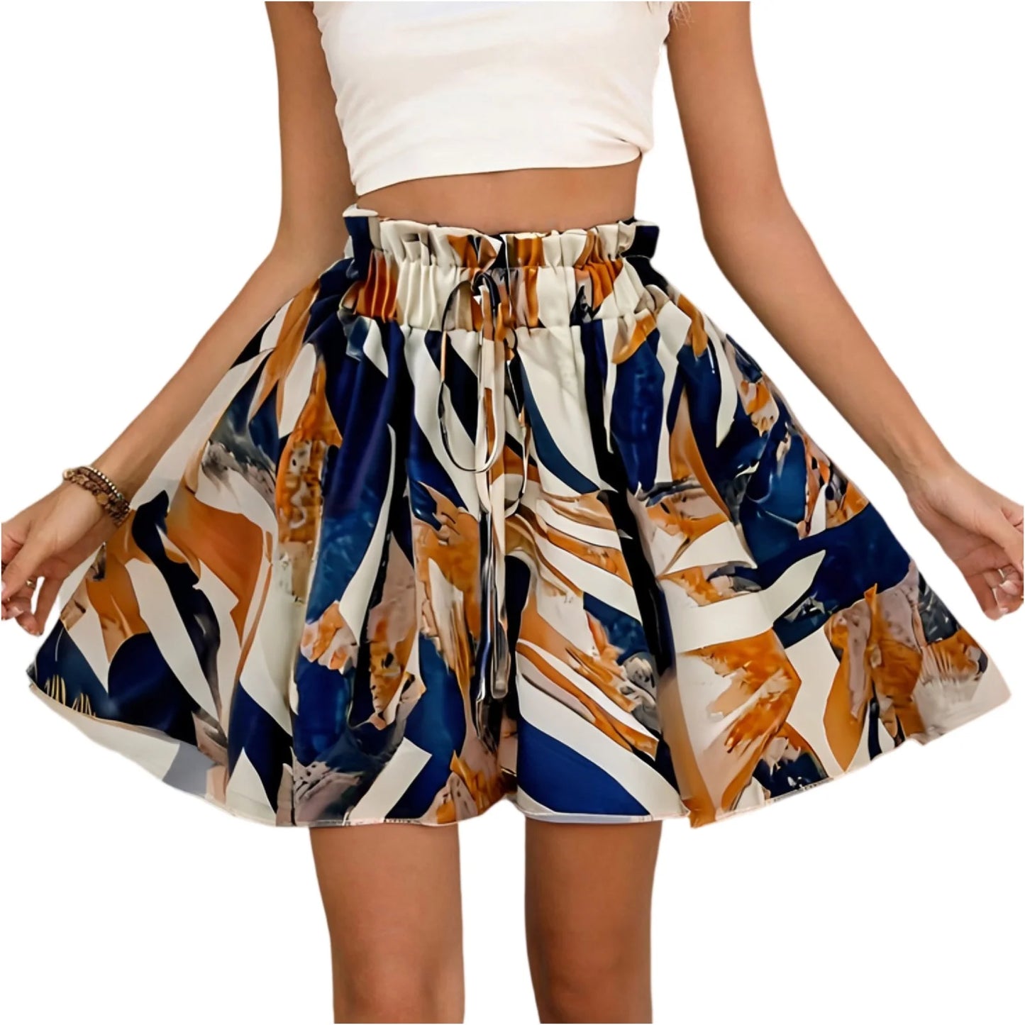 Women's Bohemian shorts high waist drawstring loose shorts lightweight comfortable beach shorts print wide leg short pants