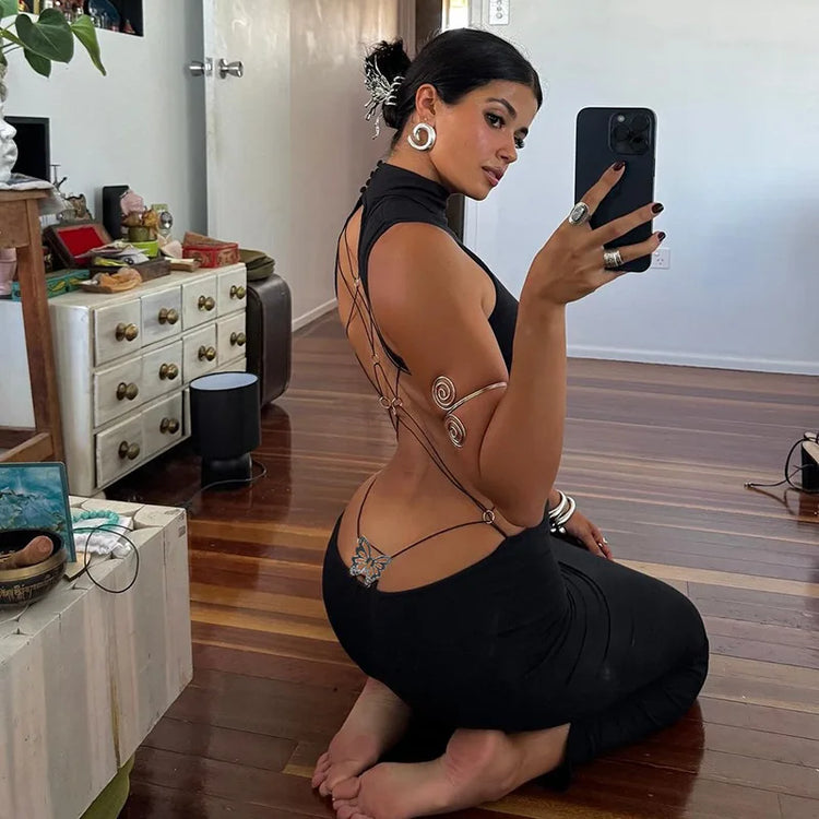 Cryptographic Sexy Backless Bandage Butterfly Detail Long Dress Club Party Summer Sleeveless Maxi Dresse Elegant Outfits Robe - MyEmpired