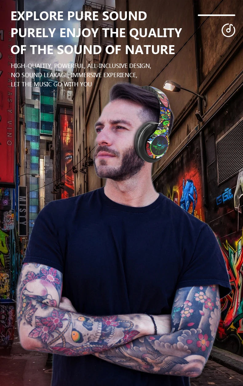 (Christmas gifts)Glowing Bluetooth Headphones Graffiti Wireless Earphones in Mic Noise Cancel Headphones HiFi Deep Bass headsets