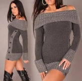 New Winter Sweater Women Sexy Off Shoulder Color Block Sweater Dress Buttons Knitted Long Pullover Top sweater women - MyEmpired