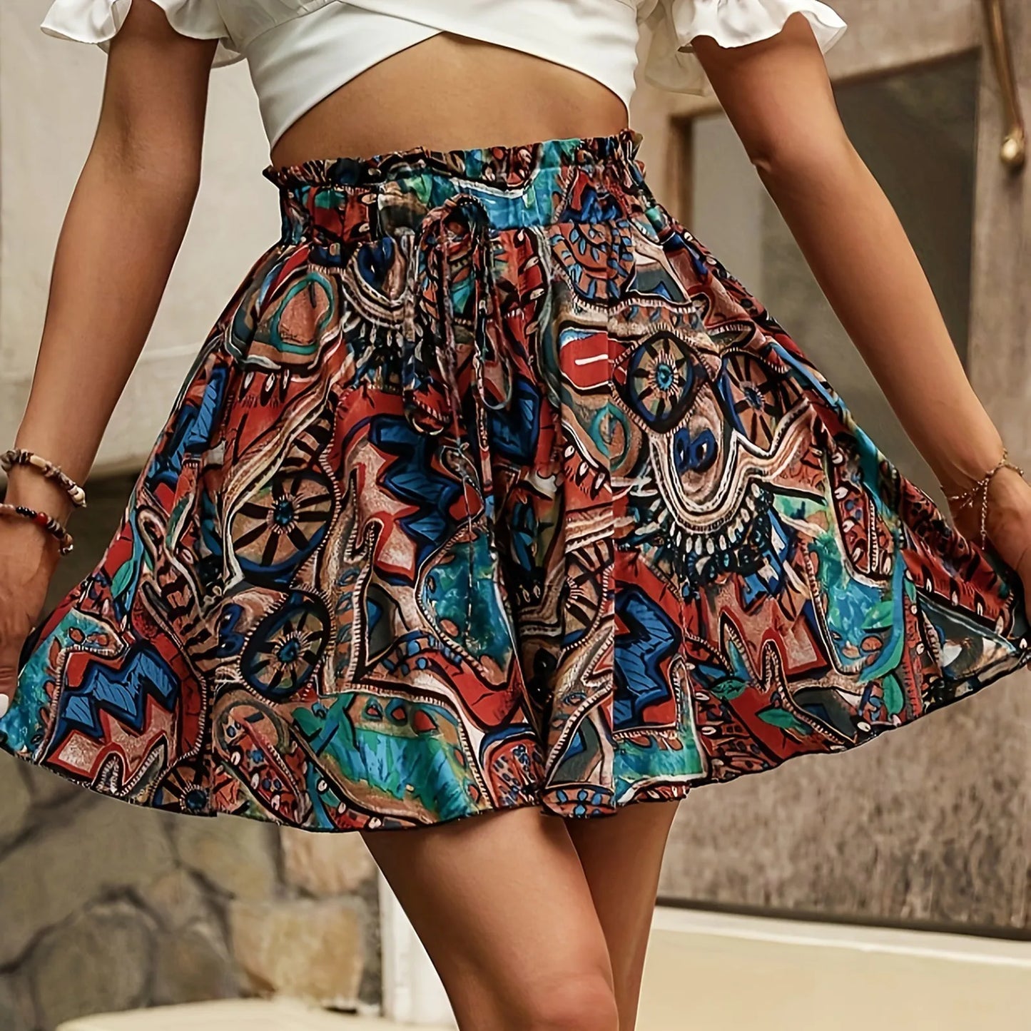 Women's Bohemian shorts high waist drawstring loose shorts lightweight comfortable beach shorts print wide leg short pants