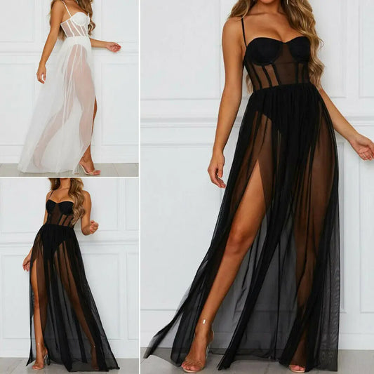 Womens Sexy See Through Perspective Mesh Sleeveless Backless Party Long Dress Chiffon Beach Split  Dress