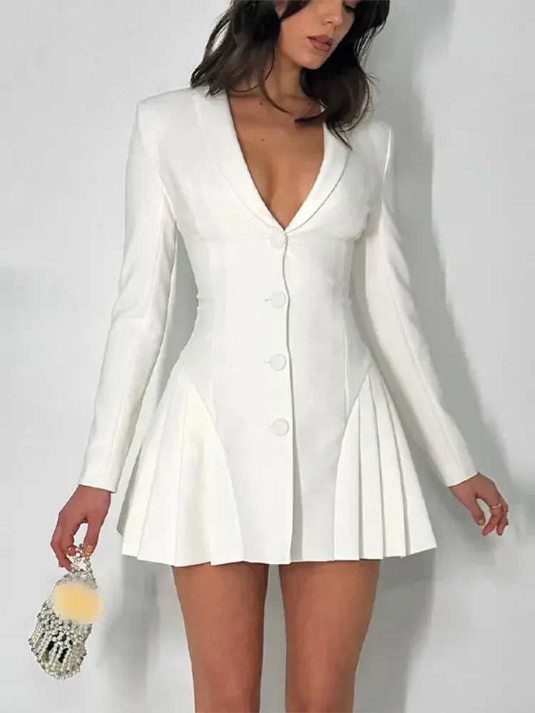 Sexy Deep V Single Breasted Pleated Mini Dress Women Elegant Long Sleeves High Waist White Short Dresses Ladies Commute Vestidos