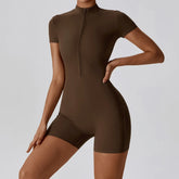 Fashion Zipper Dance Yoga Jumpsuit Short Playsuit Women Romper Short Sleeve Gym Fitness Overalls One Piece Sports Suit Unitard - MyEmpired