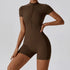 Fashion Zipper Dance Yoga Jumpsuit Short Playsuit Women Romper Short Sleeve Gym Fitness Overalls One Piece Sports Suit Unitard - MyEmpired