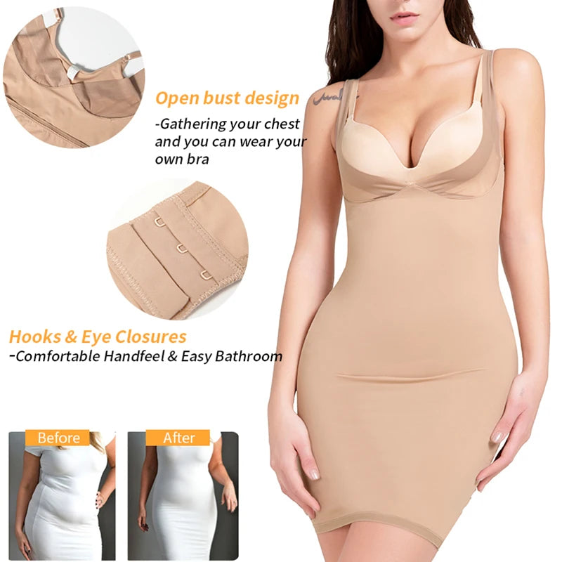 Women's Full Slip Adjustable Spaghetti Strap Camis Mini Dress Deep V Neck Underbust Push Up Breast Underdress Smooth Body Shaper