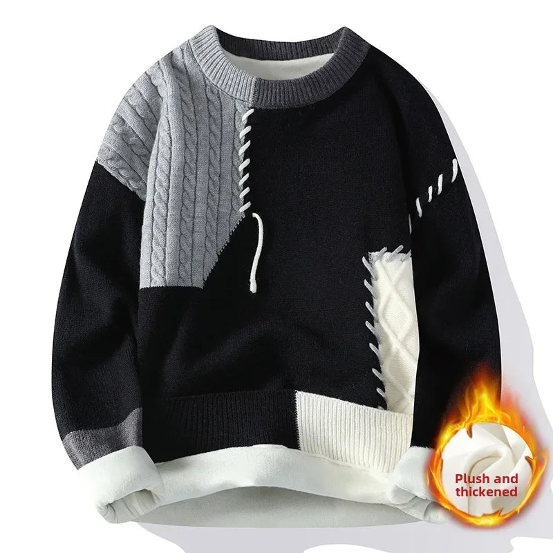 Men's Winter Casual Unique Design Color Blocking Sweater Knitted Top Fleece-lined Thickened Warm Woolen Coat