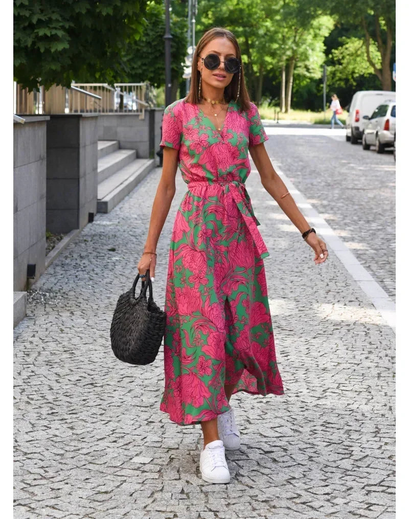 Summer Women's New V-Neck  Floral Printed Mid-Length Dress Split Vacation Style Fashion Long Dresses