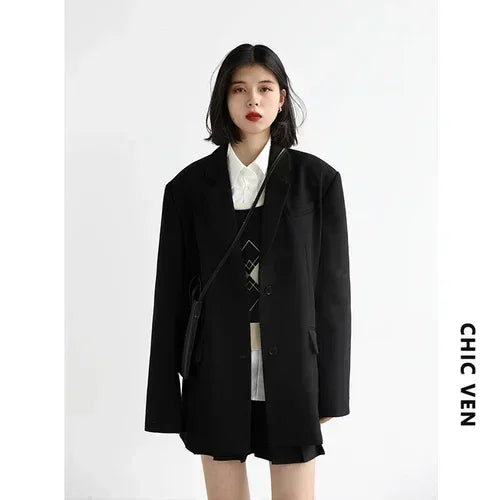 CHICVEN  Women Office Lady Blazer Cuff Embroidery Wide Shoulder Twill Suit Women's Autumn Ladies Outerwear  Stylish Tops