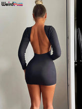 Weird Puss Sheath Backless Women Dress Full Sleeve Sexy Solid Autumn Fashion Slim Bag Hip Bodycon Ladies Eveing Party Prom Robe - MyEmpired