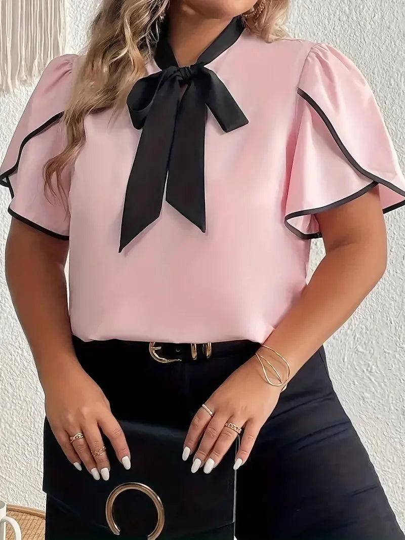 GIBSIE Plus Size Contrast Bow Tie Neck