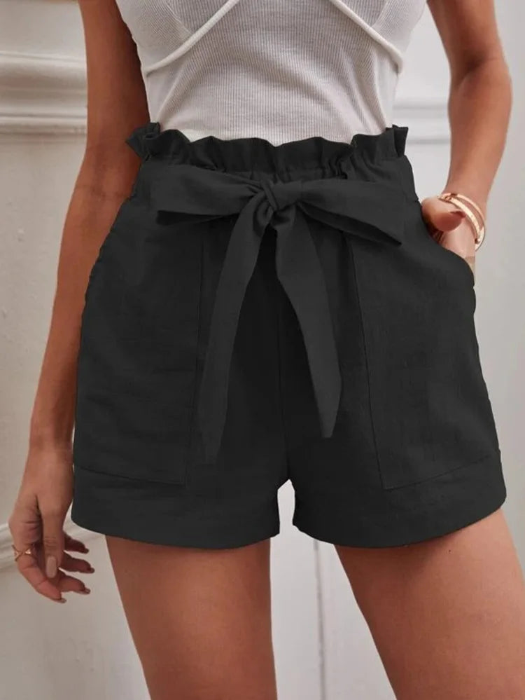 Stylish Solid Color White Shorts Women Pocket Drawstring Casual short Pants Summer Daily Pants - MyEmpired