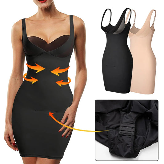 Women's Full Slip Adjustable Spaghetti Strap Camis Mini Dress Deep V Neck Underbust Push Up Breast Underdress Smooth Body Shaper