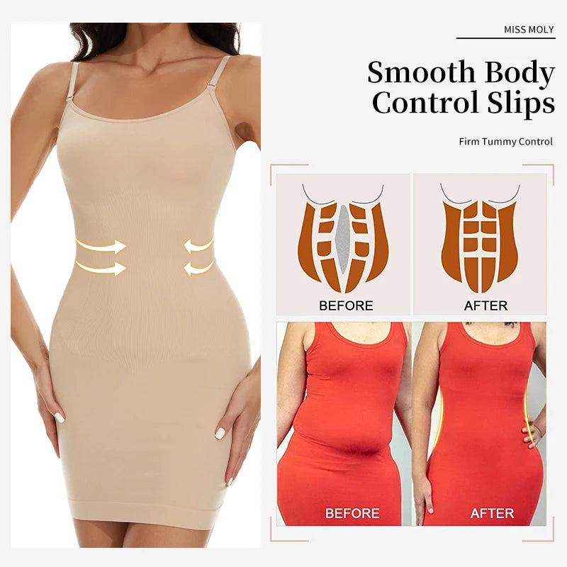 Women Seamless Shapewear Control Slips for Under Dresses Smooth Body Shaper Tummy Control Full Slip Slimming Cami Slip