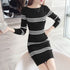 Women Clothing Korean Fashion Striped Bodycon Elegant Dresses Autumn Winter Casual Round Neck Long Sleeve Slim Basic Midi Dress - MyEmpired