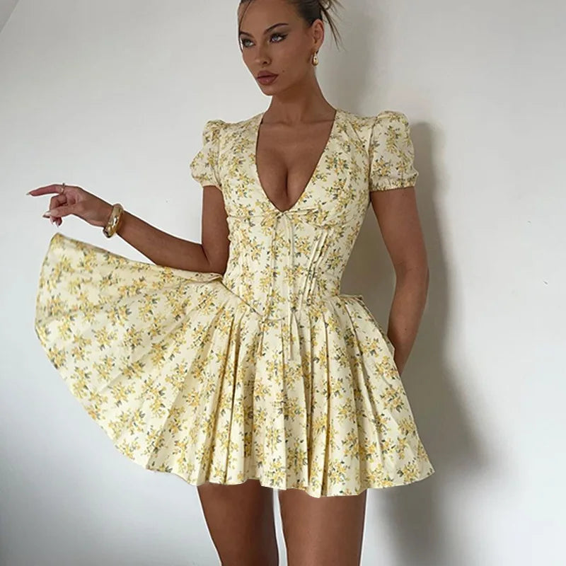 Summer Yellow Floral Print Short Dresses Women Vintage Puff Sleeve V Neck Sexy Elegant A Line Pleated Dress Party Beach Vestidos