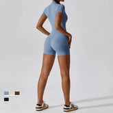 Fashion Zipper Dance Yoga Jumpsuit Short Playsuit Women Romper Short Sleeve Gym Fitness Overalls One Piece Sports Suit Unitard - MyEmpired