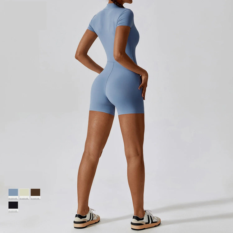 Fashion Zipper Dance Yoga Jumpsuit Short Playsuit Women Romper Short Sleeve Gym Fitness Overalls One Piece Sports Suit Unitard - MyEmpired