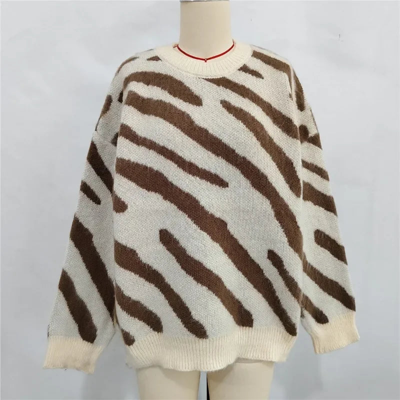 2024 Winter New Fashion Personalized Zebra Knitted Warm Pullover Sweater Plus Size Women  Crewneck Sweater for Women Pullovers