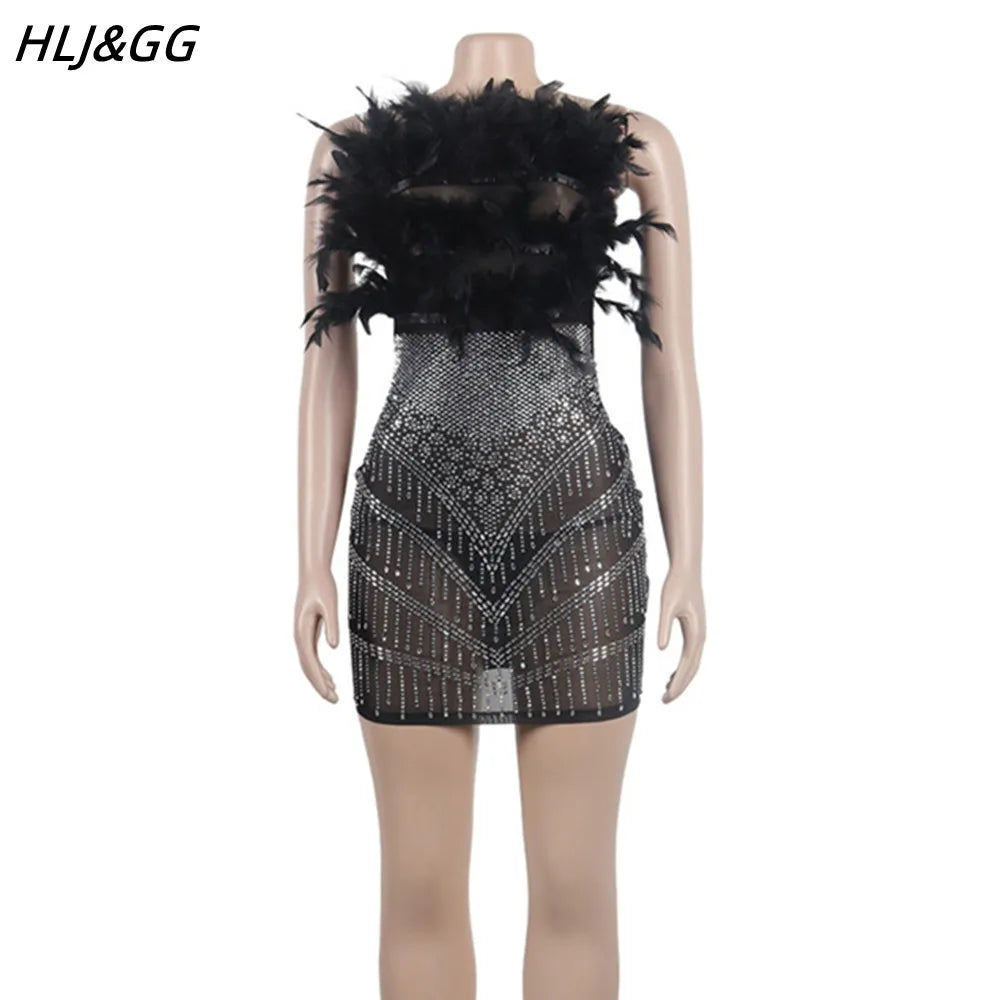 HLJ Luxury Pearls Rhinestone Woman Evening Party Dress Mini Feather Patchwork Dimonds Sexy Tube Dress Birthday Club Outfits