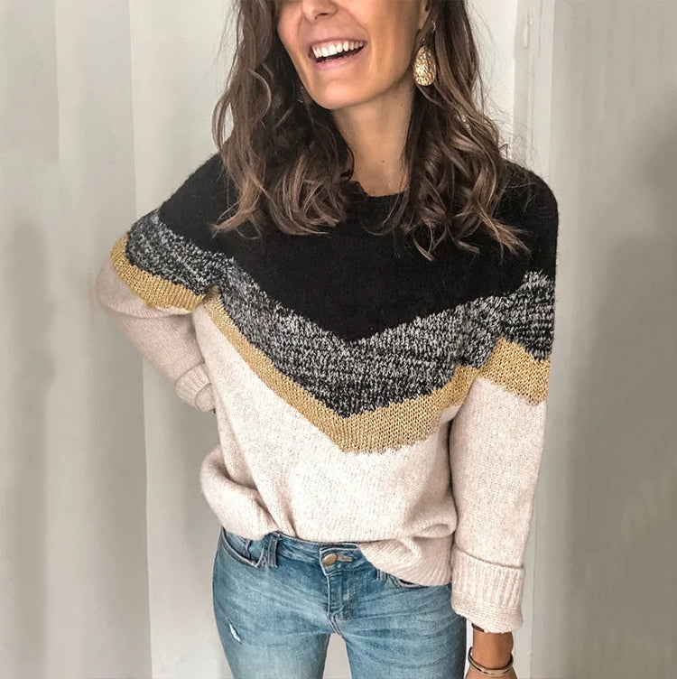 New Color Blocked Patchwork Knit Sweater with Round Neck and Shoulder Sleeves for Women - MyEmpired