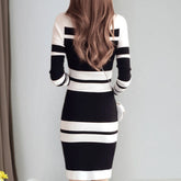 Women Clothing Korean Fashion Striped Bodycon Elegant Dresses Autumn Winter Casual Round Neck Long Sleeve Slim Basic Midi Dress - MyEmpired