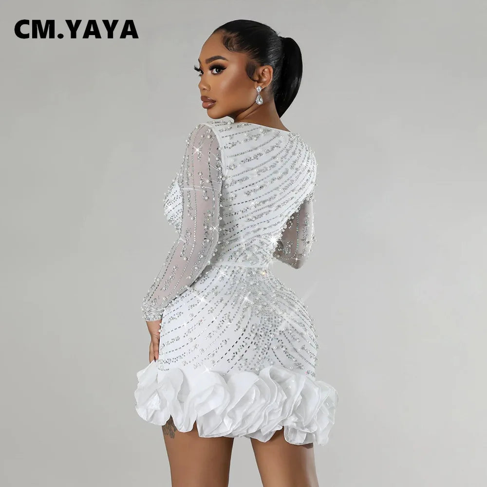 CM.YAYA Spring Women Long Sleeve Ruffles Hot Drilling Bead Short Dress Sexy Night Club Evening Birthday Mini Dresses Vestidos