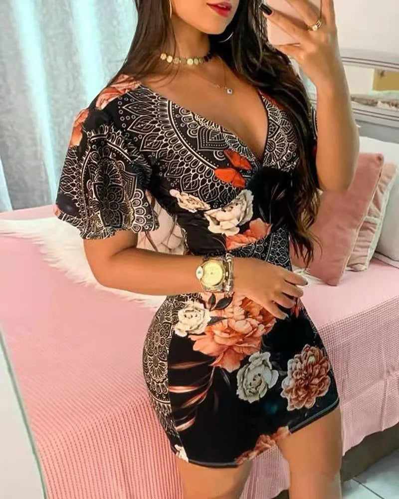 Summer Elegant Floral Print Bodycon Mini Dress Women 2024 Fashion Sexy Deep V-neck Package Hip Dresess Office Lady Party Dress