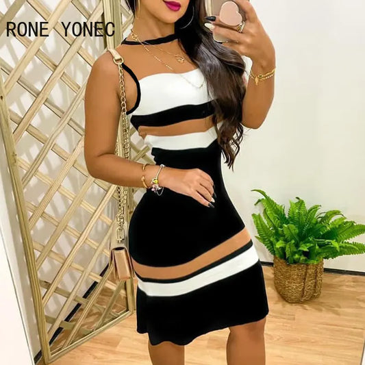 2023 Women Casual Tank Striped Pattern Sleeveless Mini Bodycon Sexy Casual Dress