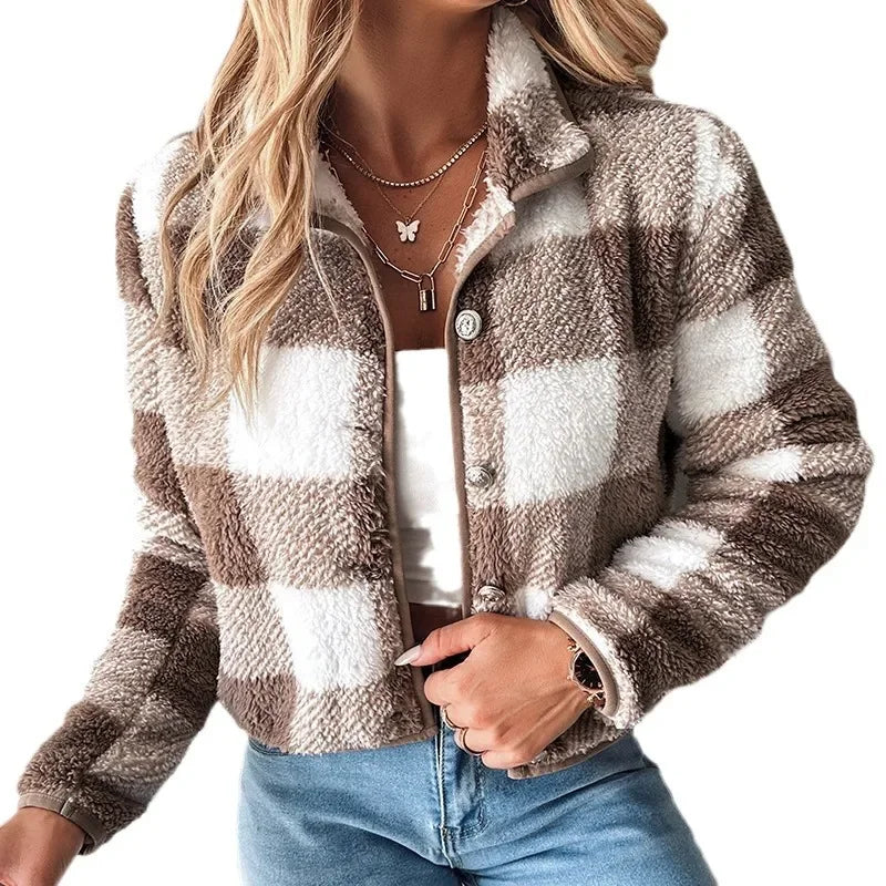 New Independent Design Retro Versatile Long Sleeved Single Breasted Spring And Autumn Maillard Color Checkered Plush Short Jacke