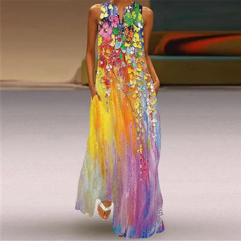 Elegant Sleeveless Women Dress Summer Vintage Print Loose Long Maxi Dresses Lady V Neck Pocket Sundress Femme Vestido Plus Size