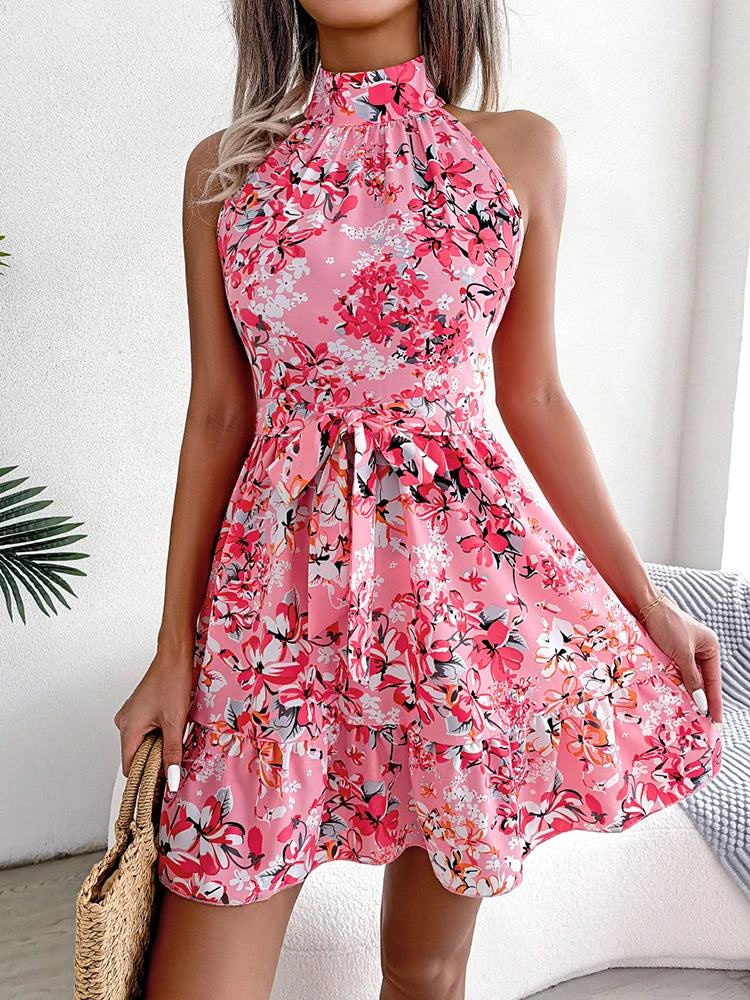 Summer Women Sexy Floral Print Short Dress, Bandage Holiday Beach Sundress Casual Halter Short Dresses,Summer Clothes Women 2024