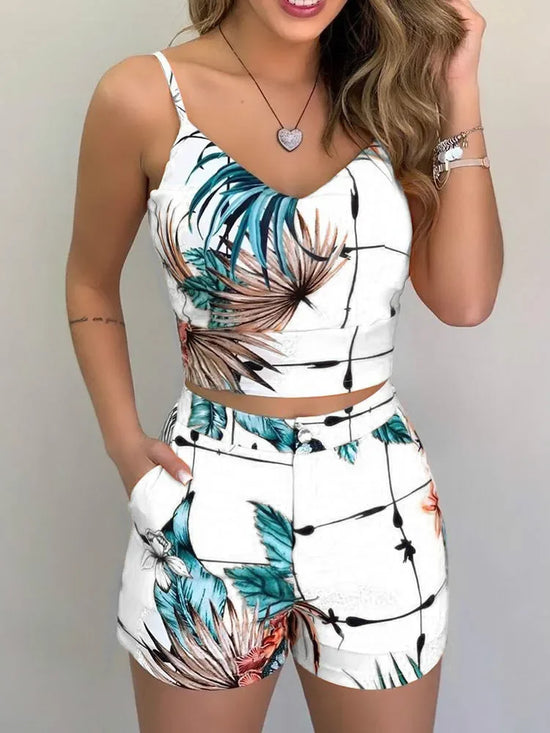 Print Spaghetti Strap Crop Top & Short Sets Casual Summer 2 Piece Outfits for Women - MyEmpired