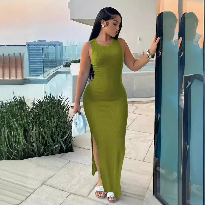 Mandylandy Long Bodycon Sexy Dress Women Sleeveless Round-Neck High Waist Dresses Solid Color High Waist Sheath Sexy Dresses - MyEmpired
