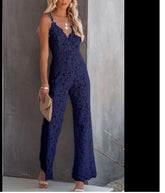 Elegant Lace V Neck Sleeveless Open Back Jumpsuit Spaghetti Strap High Waisted Long Wide Leg Pants Jumpsuit Women Sexy Overalls - MyEmpired