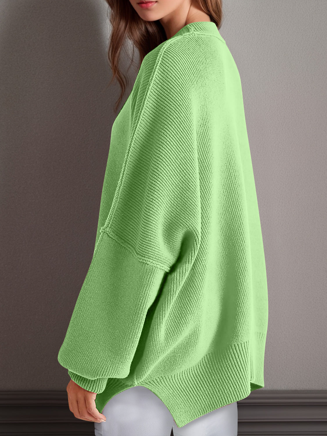 Double Take Side Slit Round Neck Long Sleeve Sweater - MyEmpired