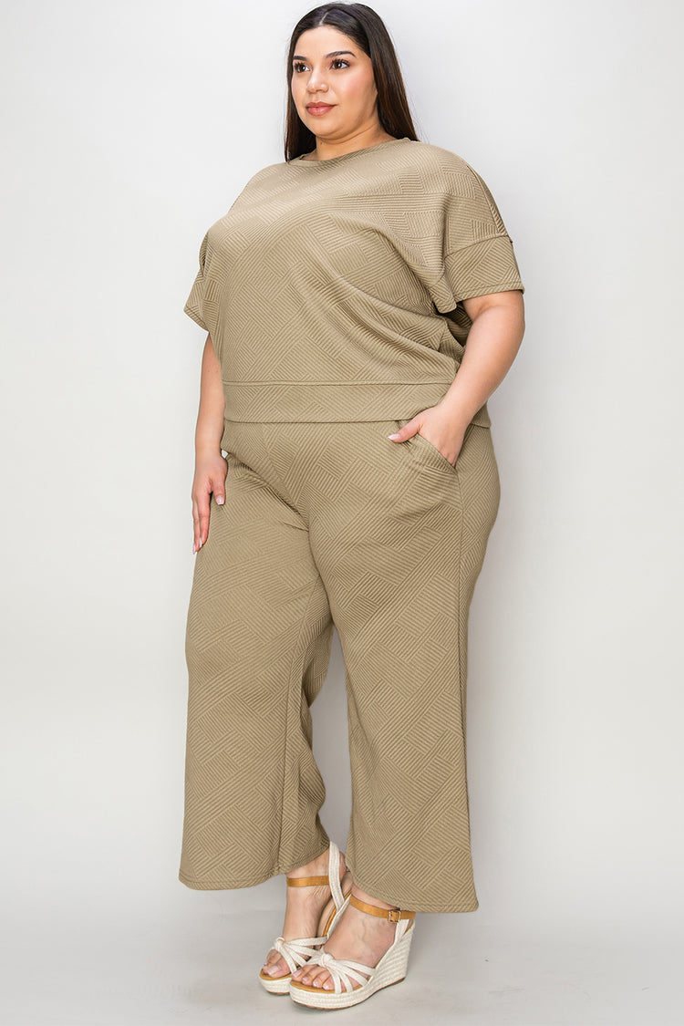 Double Take Full Size Texture Short Sleeve Top and Pants Set - MyEmpired