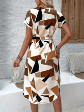 Geo Print Notched Neck Belted Dress - MyEmpired