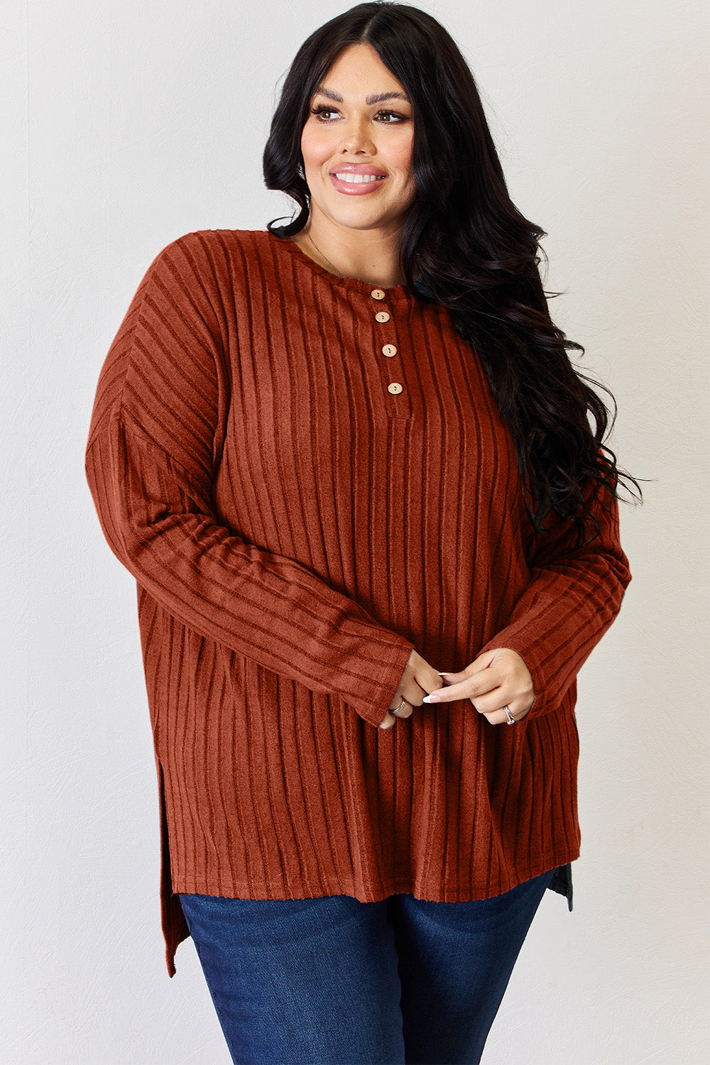 Basic Bae Full Size Ribbed Half Button Long Sleeve High-Low T-Shirt - MyEmpired