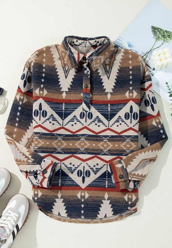 Geometric Half Button Long Sleeve Sweatshirt - MyEmpired