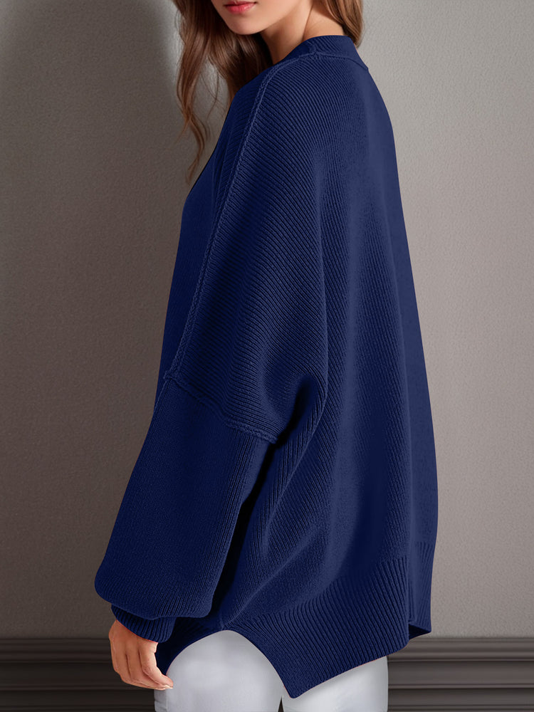 Double Take Side Slit Round Neck Long Sleeve Sweater - MyEmpired