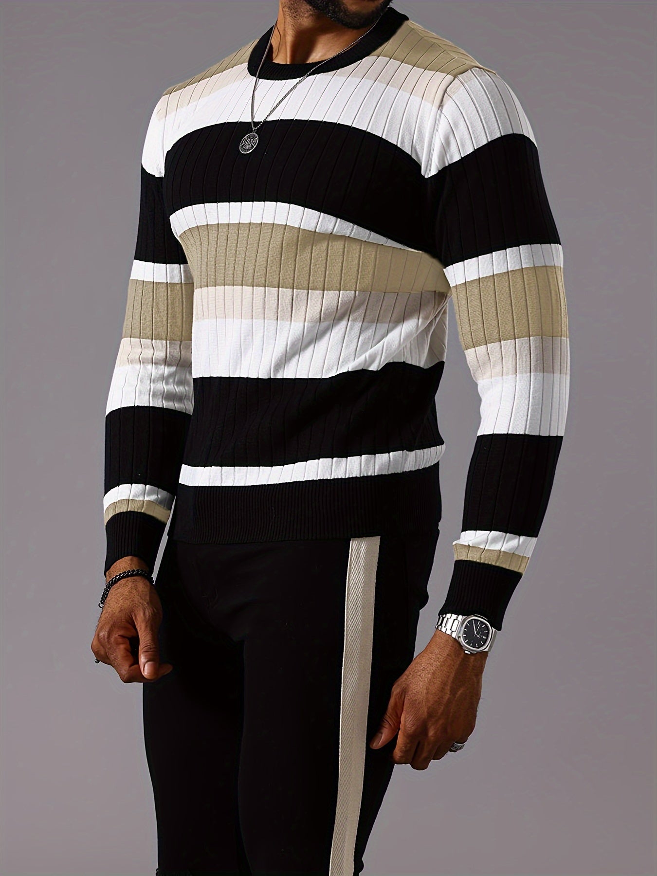 Men's Casual Striped Color Block Long Sleeve Knit Pullover - Round Neck, Machine Washable, Striped, Round Neck, Long Sleeve, Knit Sweater