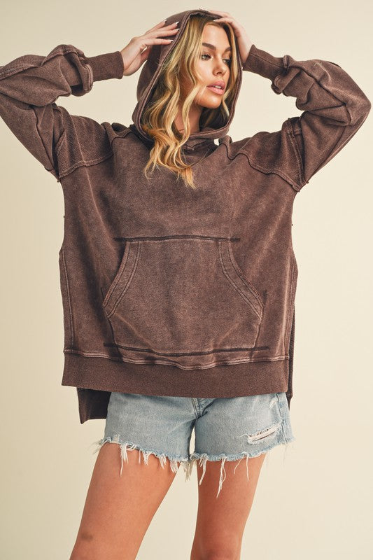 Aemi + Co Exposed Seam Side Slit Hoodie with Kangaroo Pocket - MyEmpired