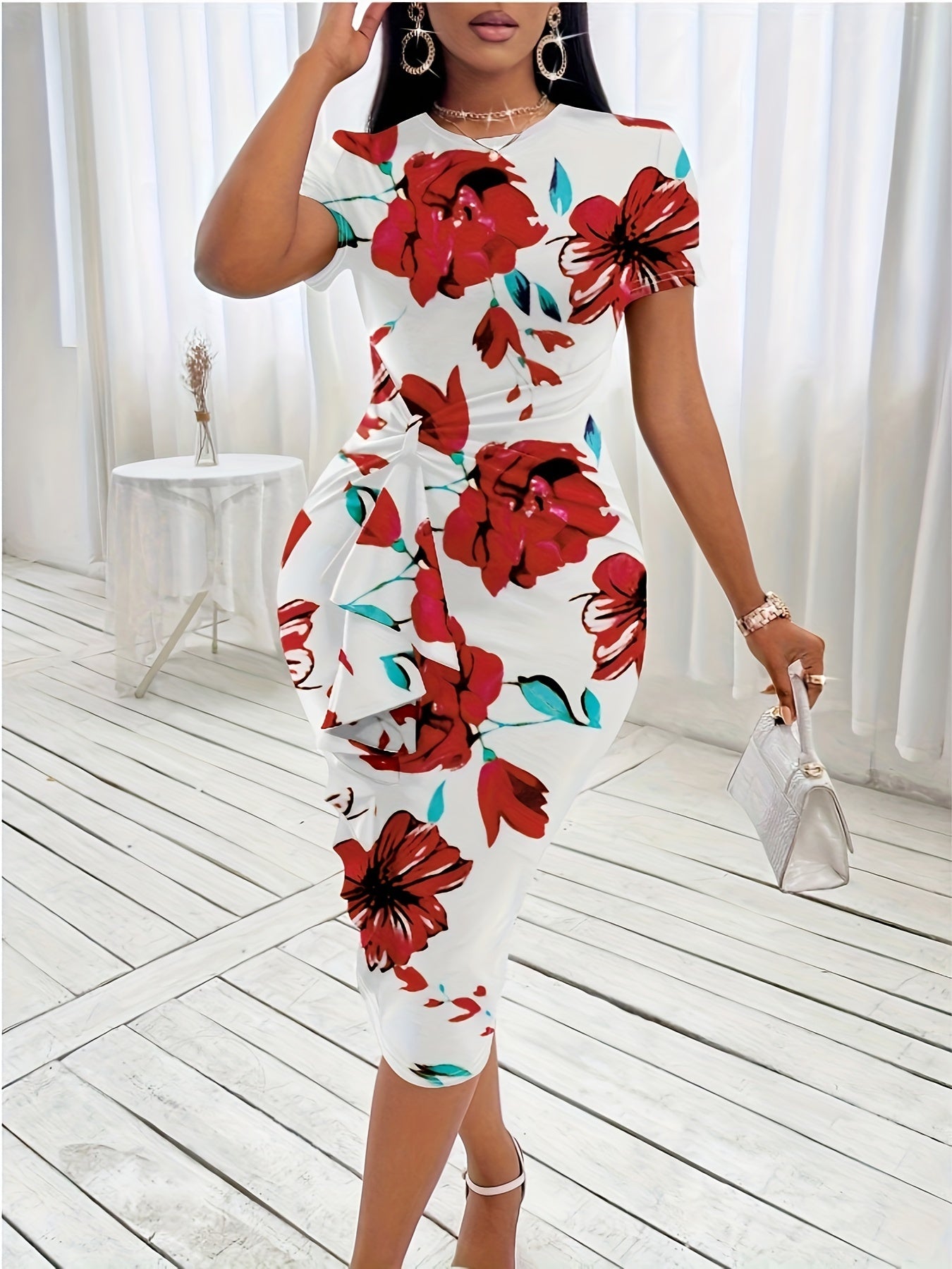 Floral Print Knot Bodycon Dress